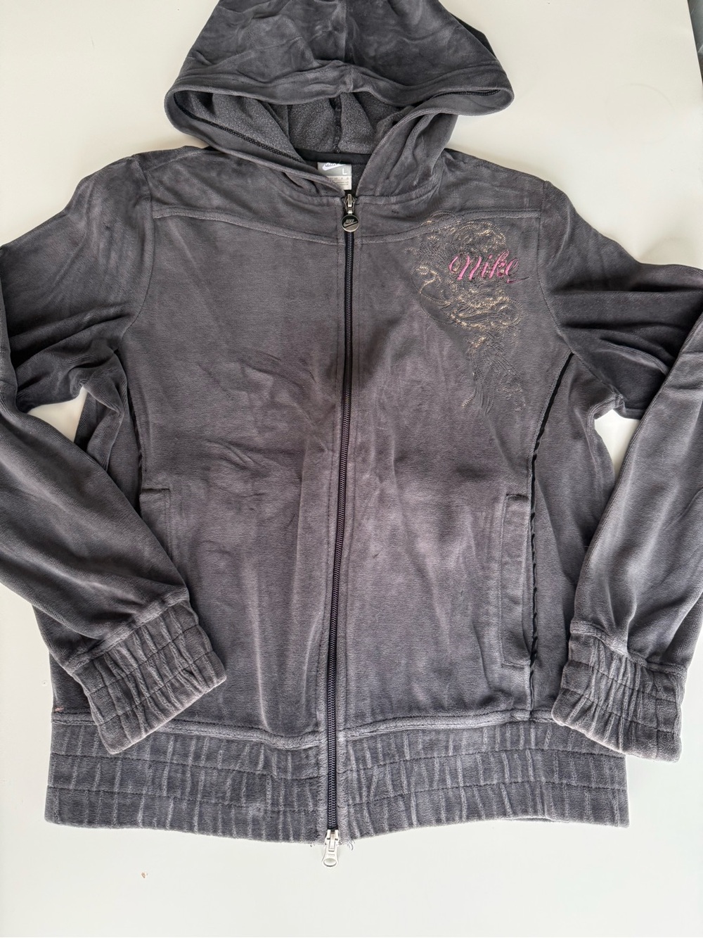 Vintage Y2K Nike Velour Embroidered Full Zip Hoodie Gray Size Large